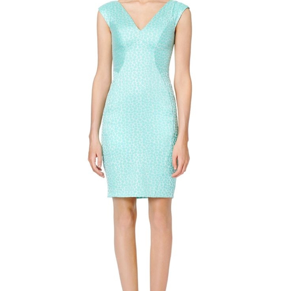 Yoana Baraschi Mettalic Blue Sheath Midi Dress V-Neck Anthropologie Holiday